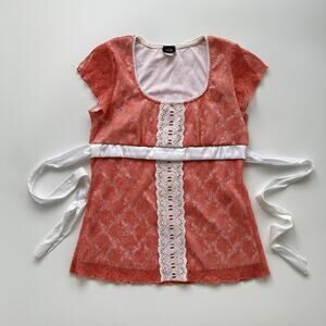 Vanity Tunic Blouse Womens M Pink Lace Square Neck Belted Flutter Sleeve Top